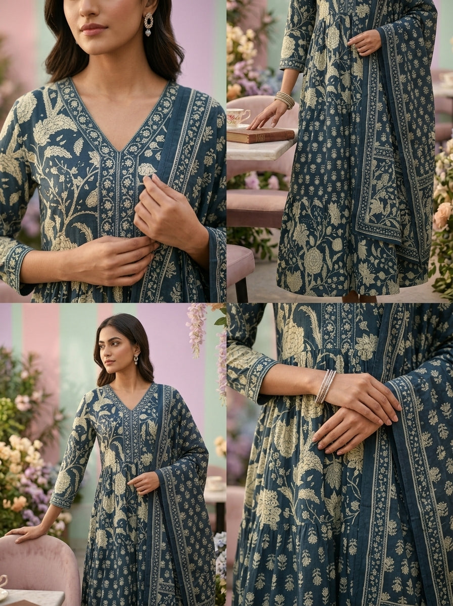 Neerus Green cotton printed suit set - side view