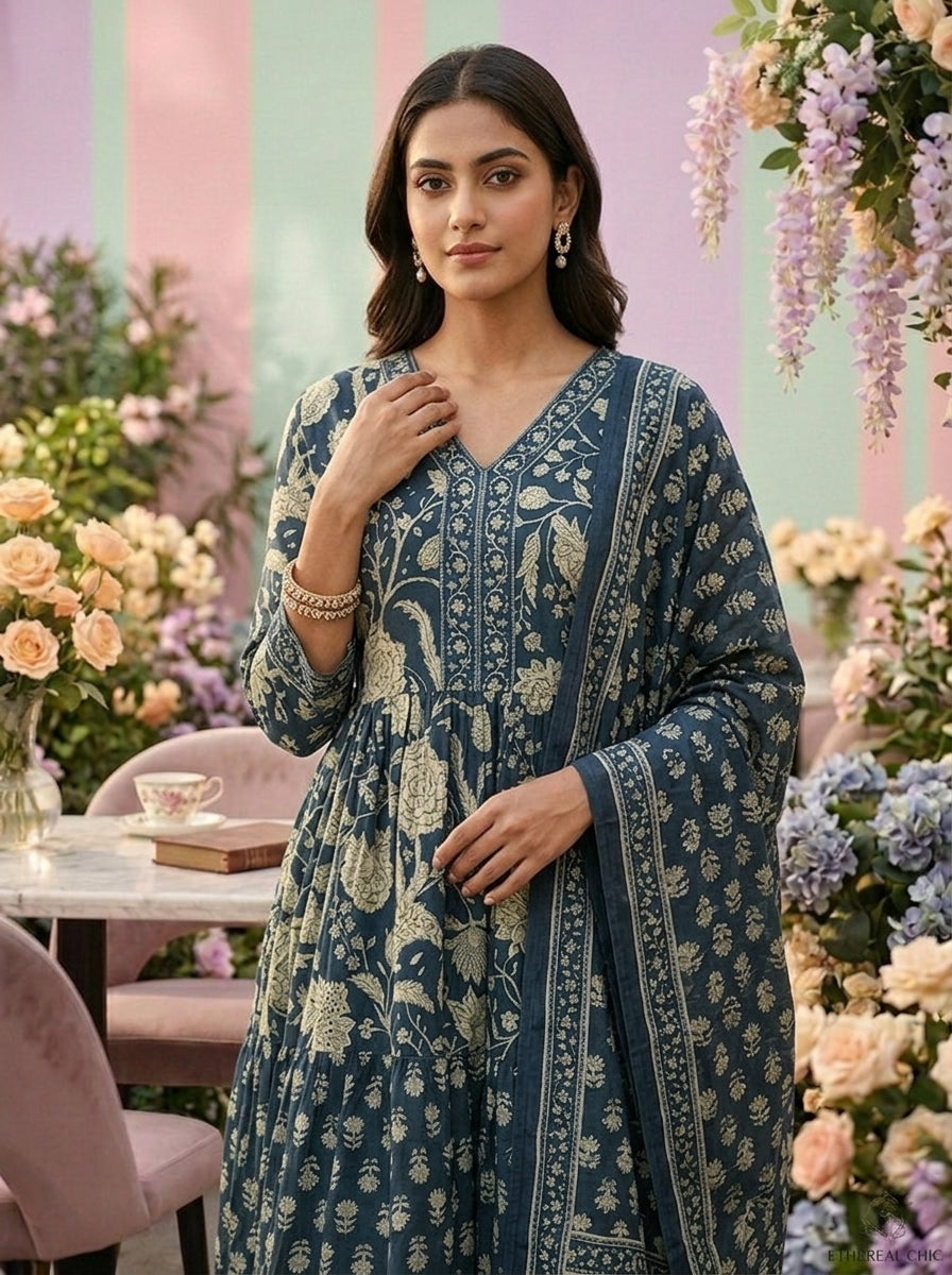 Neerus Green cotton printed suit set - detail view 2