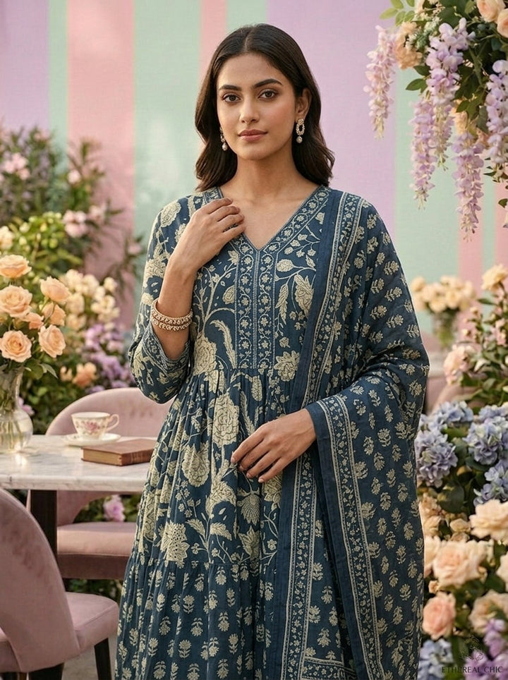 Neerus Green cotton printed suit set - detail view 2