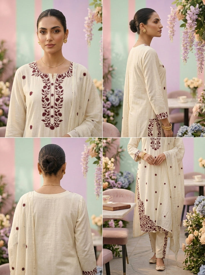 Neerus White Thread Embroidered Floral Suit Set - detail view 1