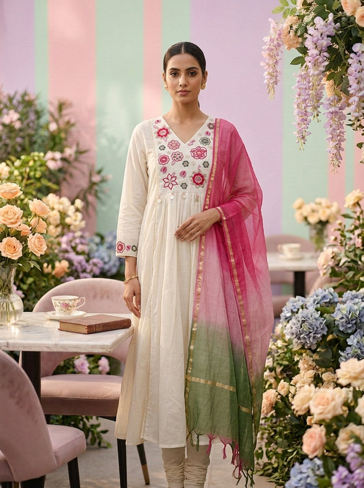 Neerus White Chanderi thread embroidered suit set - front view
