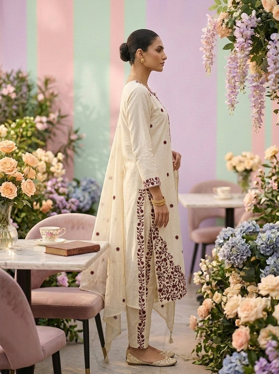Neerus White Thread Embroidered Floral Suit Set - back view