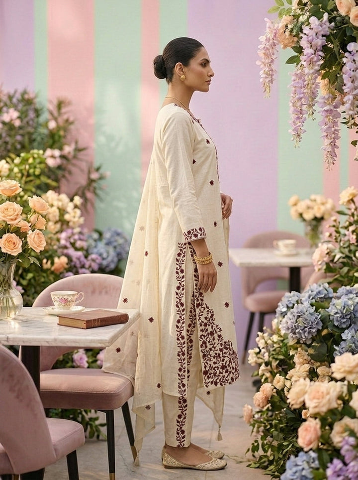 Neerus White Thread Embroidered Floral Suit Set - back view