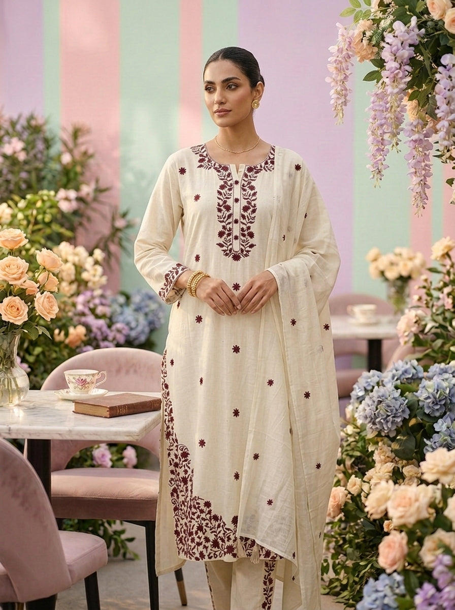 Neerus White Thread Embroidered Floral Suit Set - side view