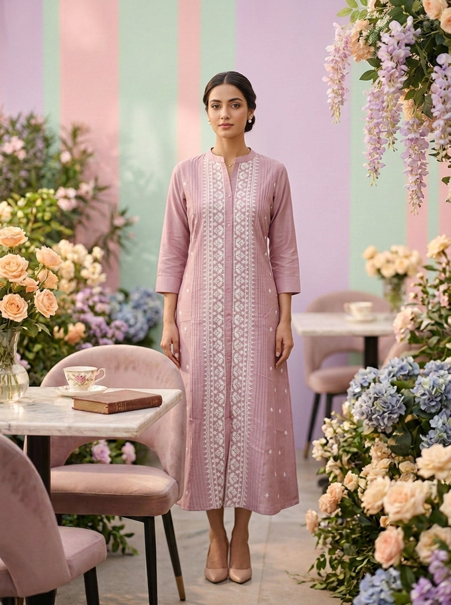 Neerus Purple muslin hand embroidered kurti - front view