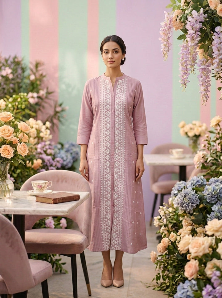 Neerus Purple muslin hand embroidered kurti - front view
