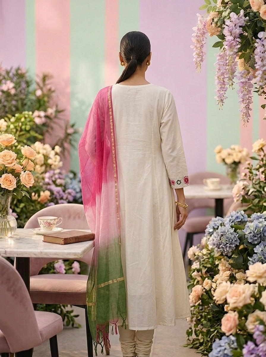 Neerus White Chanderi thread embroidered suit set - back view