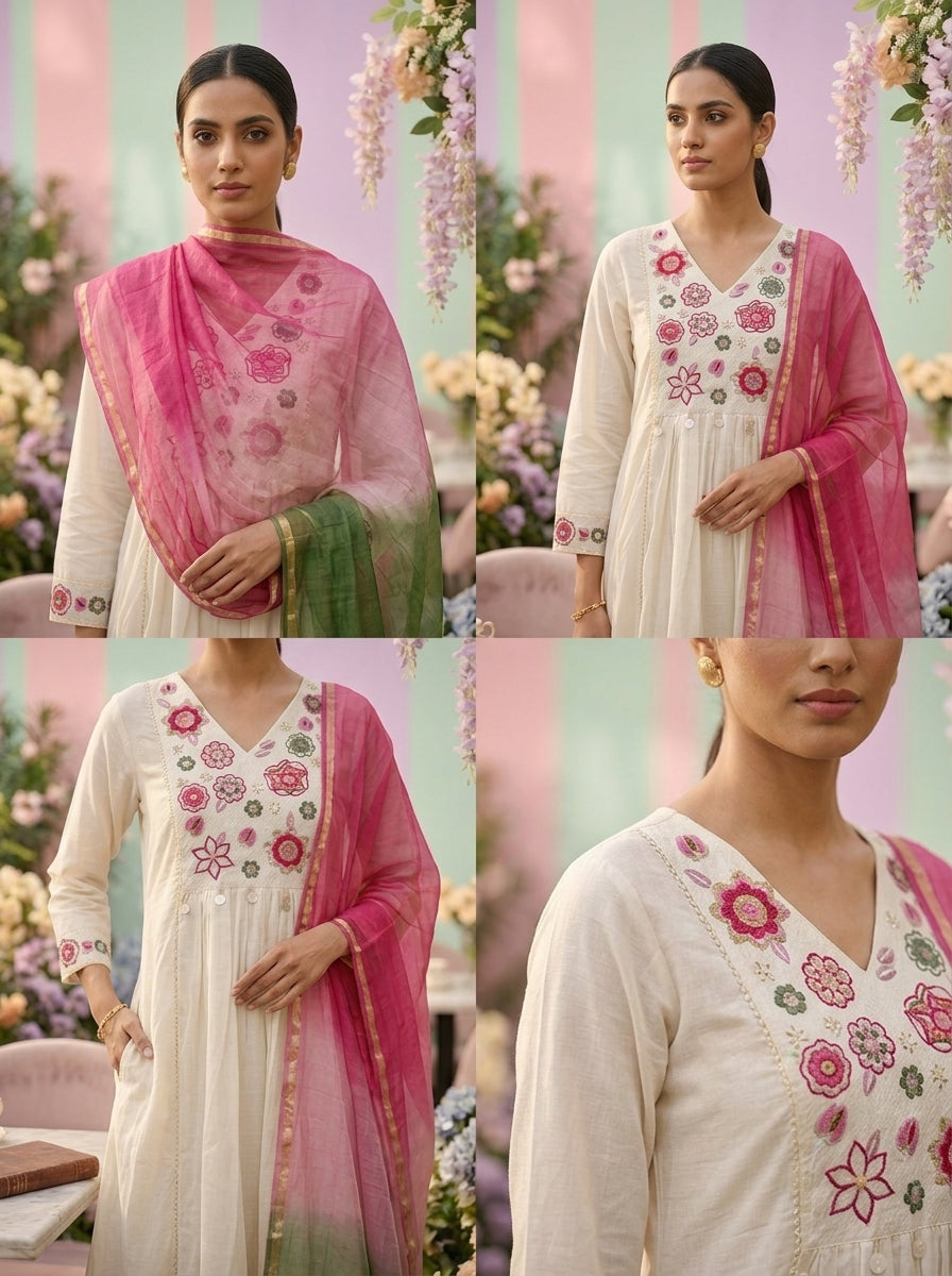 Neerus White Chanderi thread embroidered suit set - side view