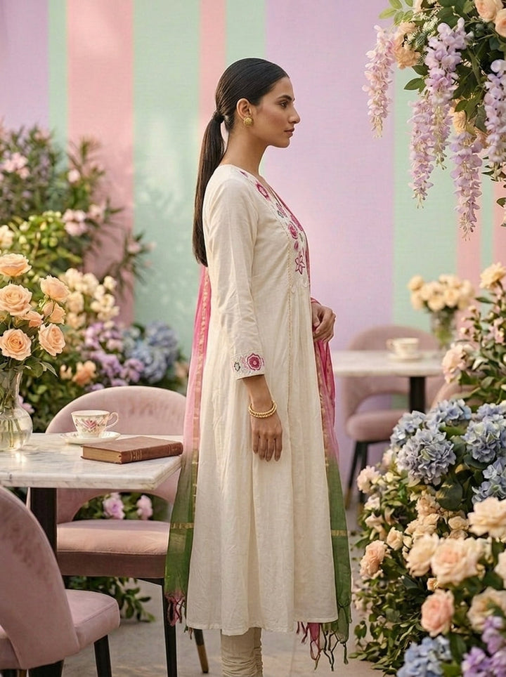 Neerus White Chanderi thread embroidered suit set - detail view 1