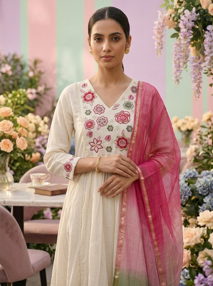 Neerus White Chanderi thread embroidered suit set - detail view 2