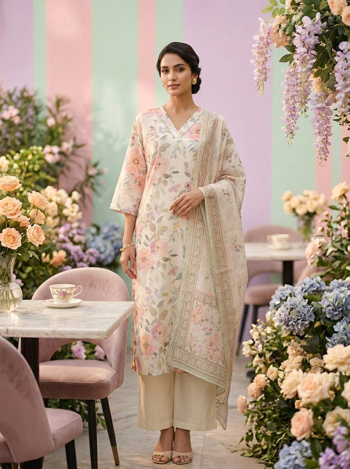 Neerus Beige linen printed suit set - front view