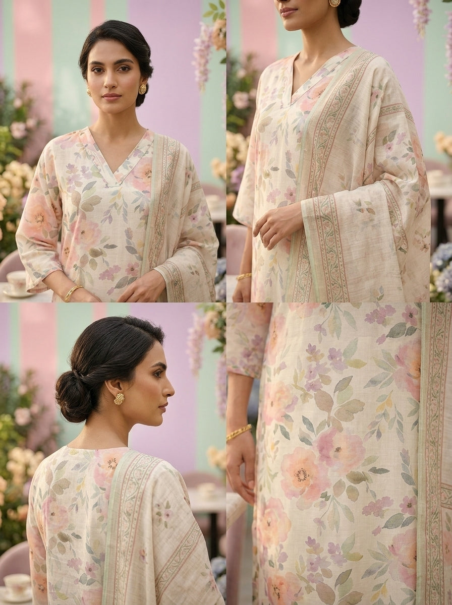 Neerus Beige linen printed suit set - side view