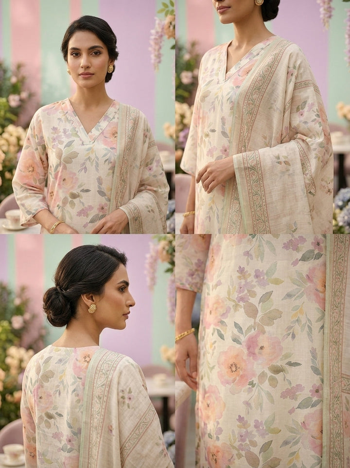 Neerus Beige linen printed suit set - side view