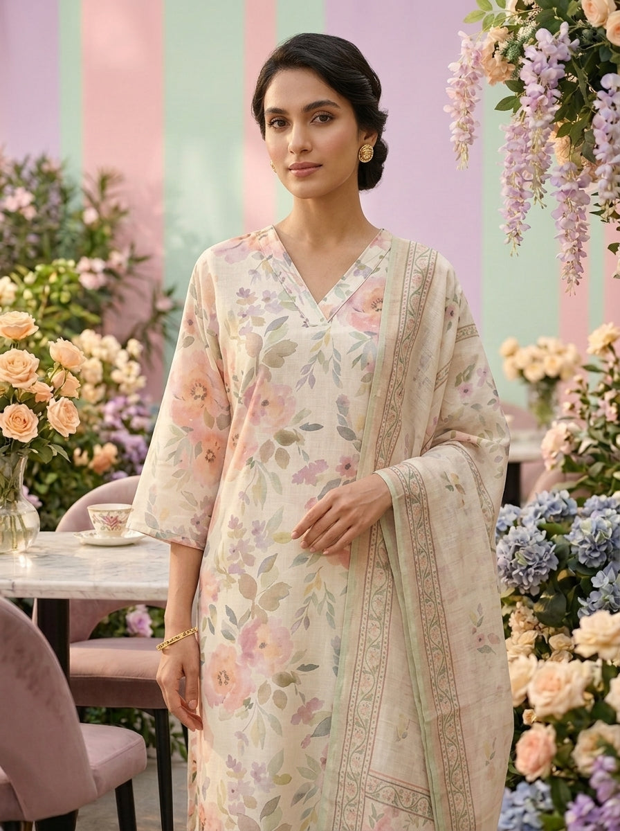 Neerus Beige linen printed suit set - detail view 2
