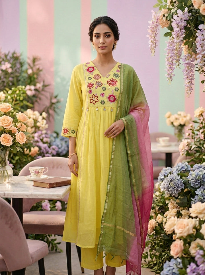 Neerus Yellow Chanderi thread embroidered suit set - front view