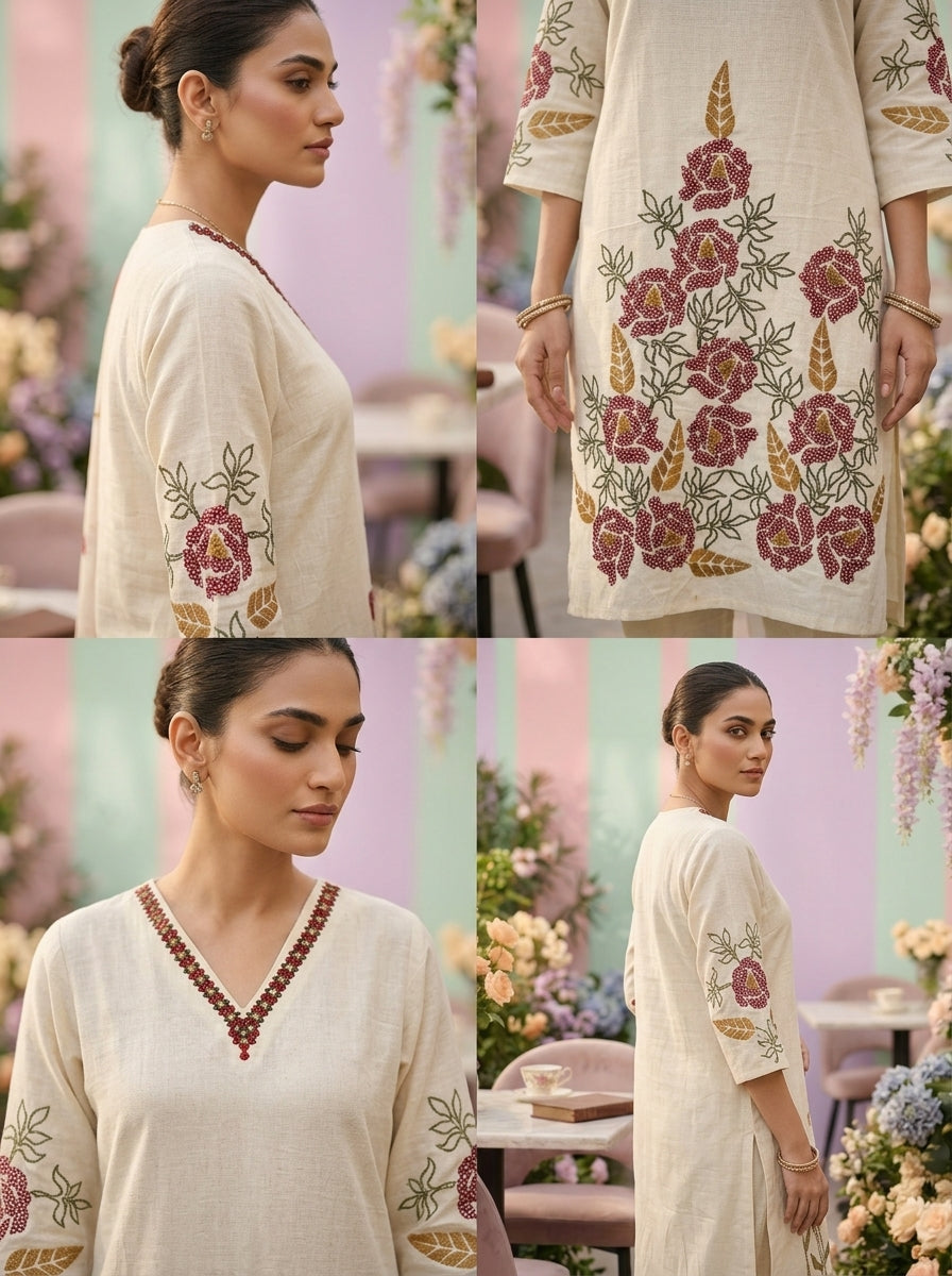 Neerus White cotton thread embroidered suit set - detail view 1
