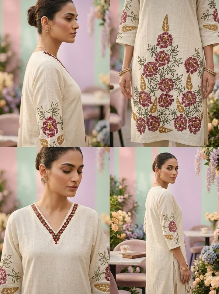 Neerus White cotton thread embroidered suit set - detail view 1