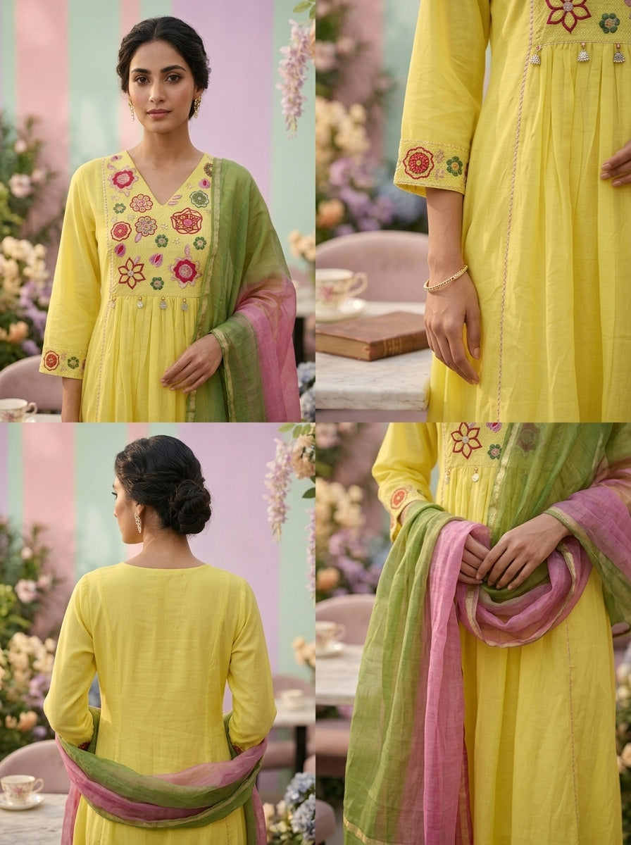 Neerus Yellow Chanderi thread embroidered suit set - side view