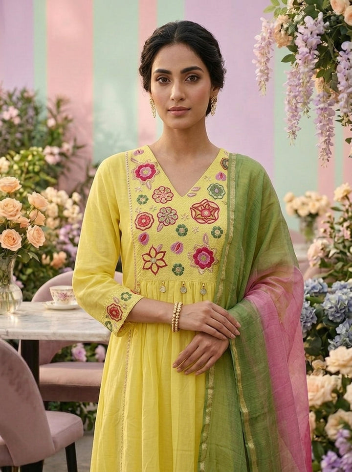 Neerus Yellow Chanderi thread embroidered suit set - detail view 1