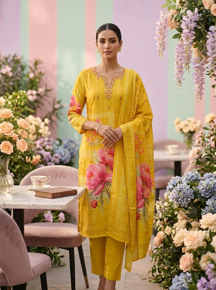 Neerus Yellow crepe floral printed suit set - front view