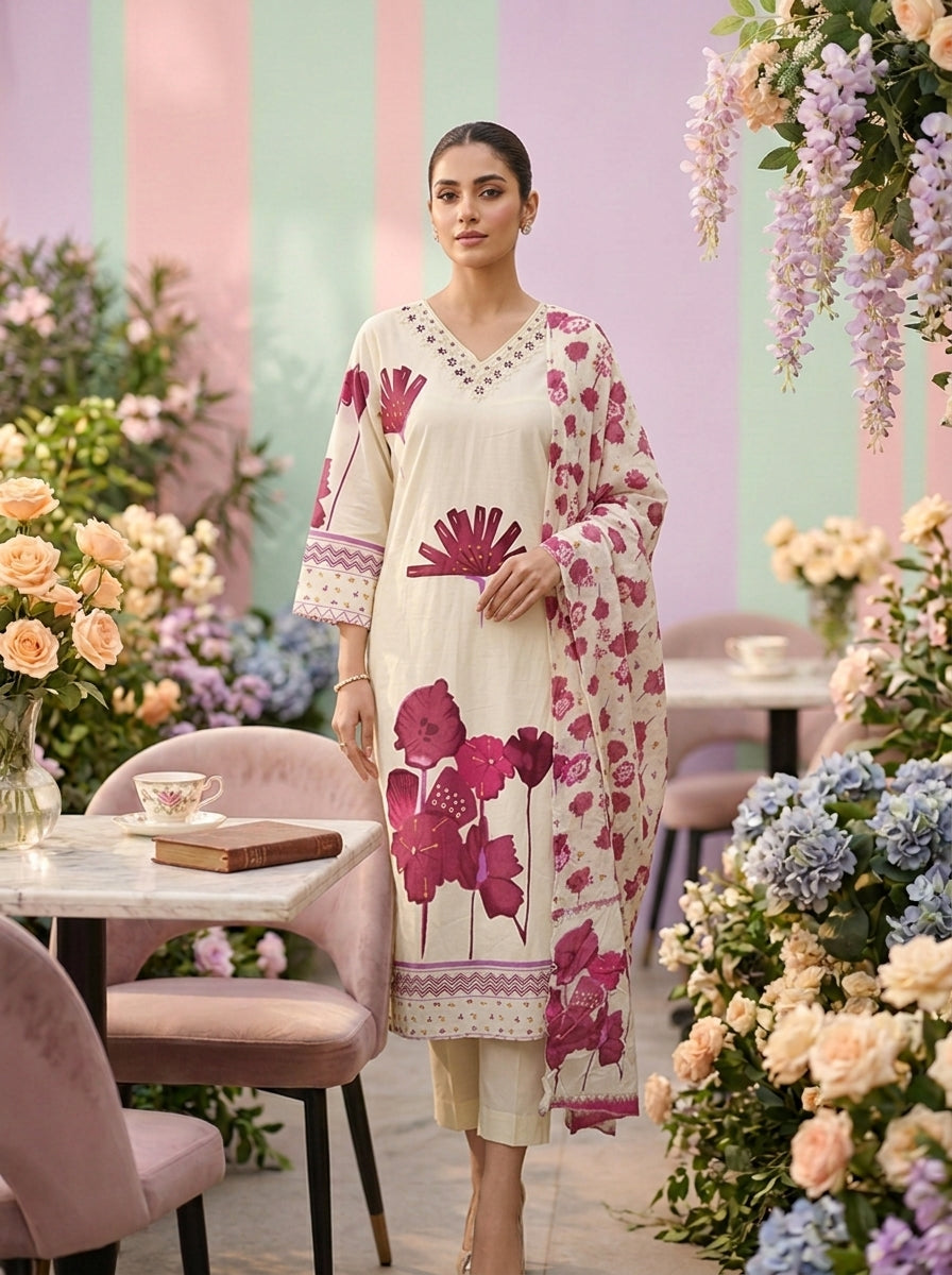 Neerus Maroon cotton printed suit set - front view