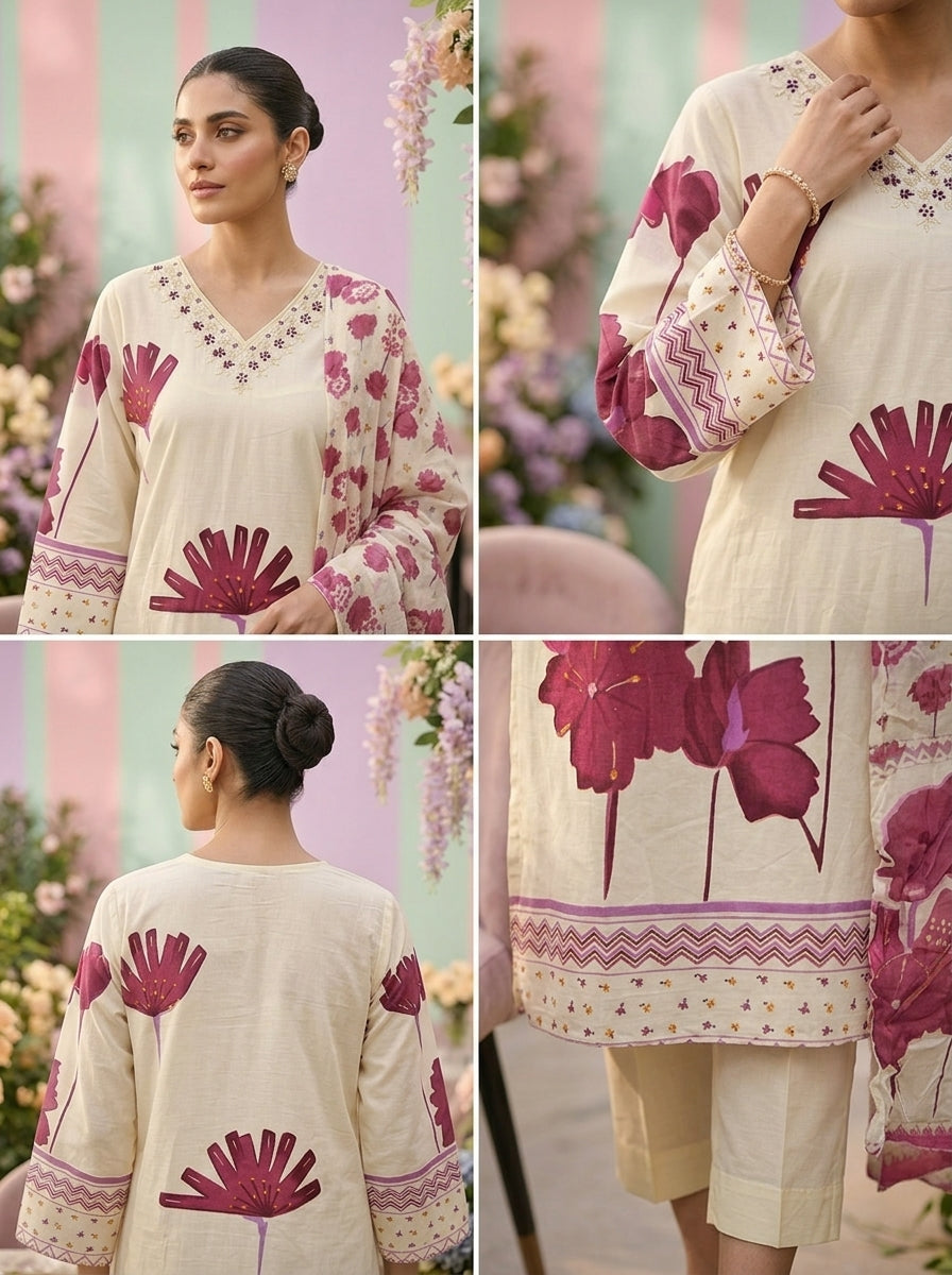 Neerus Maroon cotton printed suit set - side view