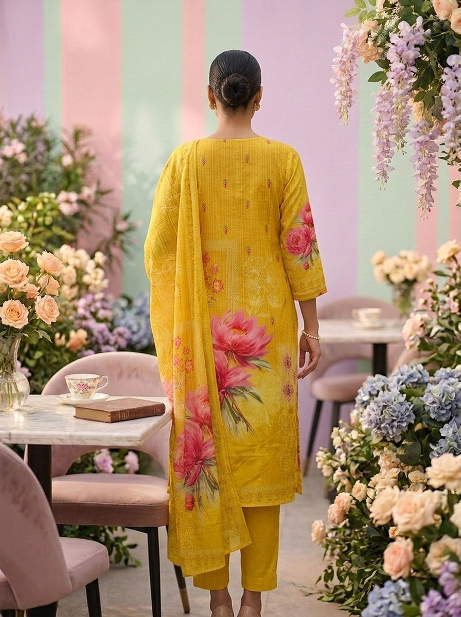 Neerus Yellow crepe floral printed suit set - back view