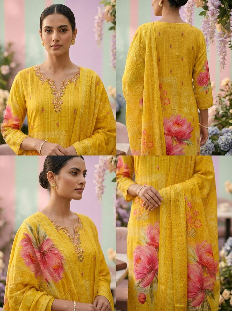 Neerus Yellow crepe floral printed suit set - side view