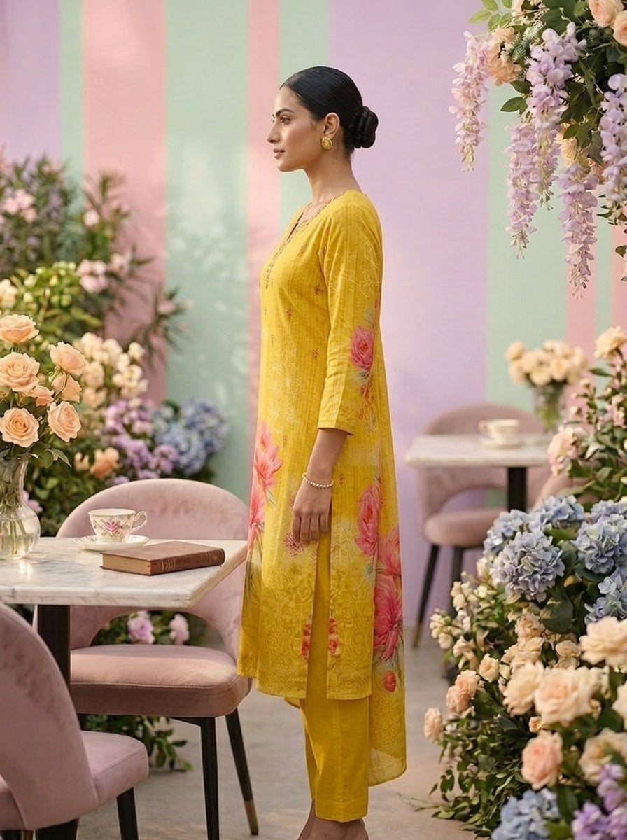 Neerus Yellow crepe floral printed suit set - detail view 1
