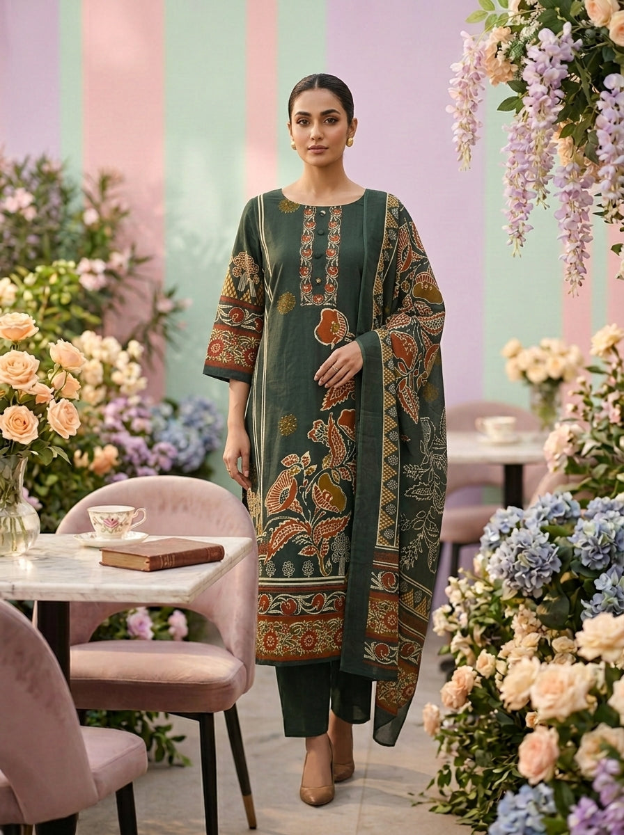 Neerus Green cotton printed suit set - front view