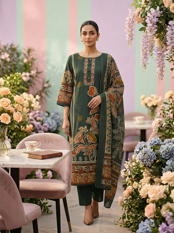 Neerus Green cotton printed suit set - front view