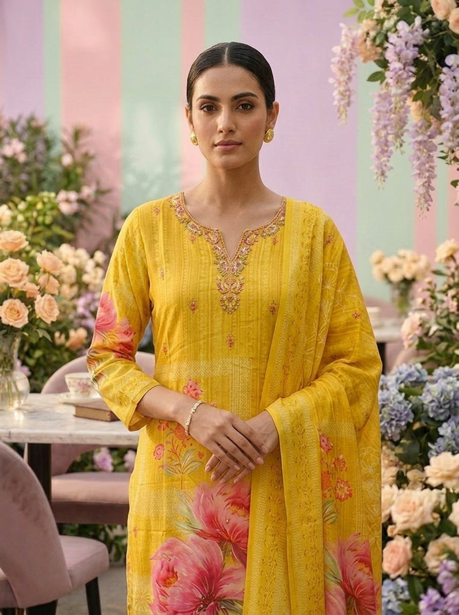 Neerus Yellow crepe floral printed suit set - detail view 2