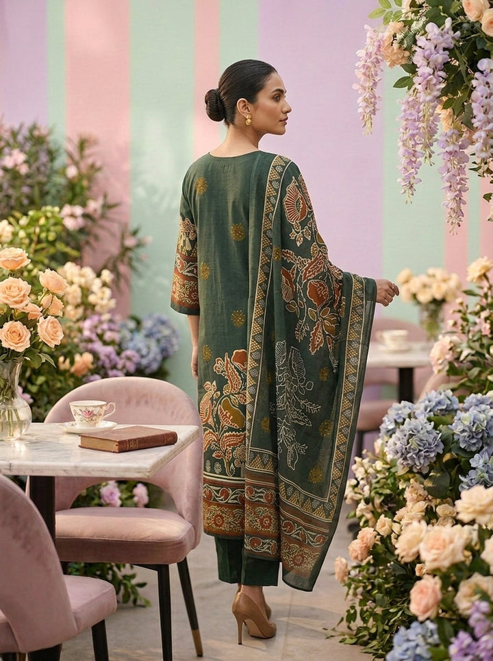 Neerus Green cotton printed suit set - back view