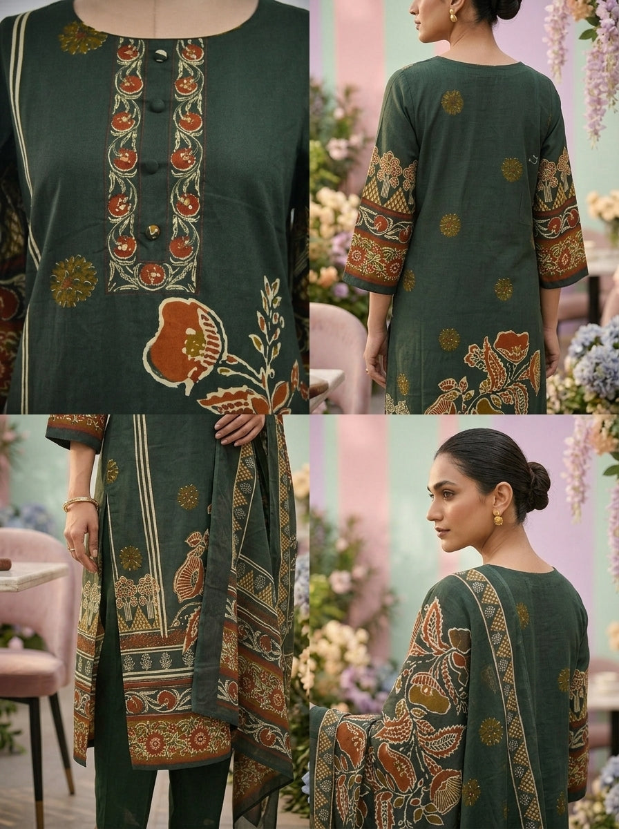 Neerus Green cotton printed suit set - side view