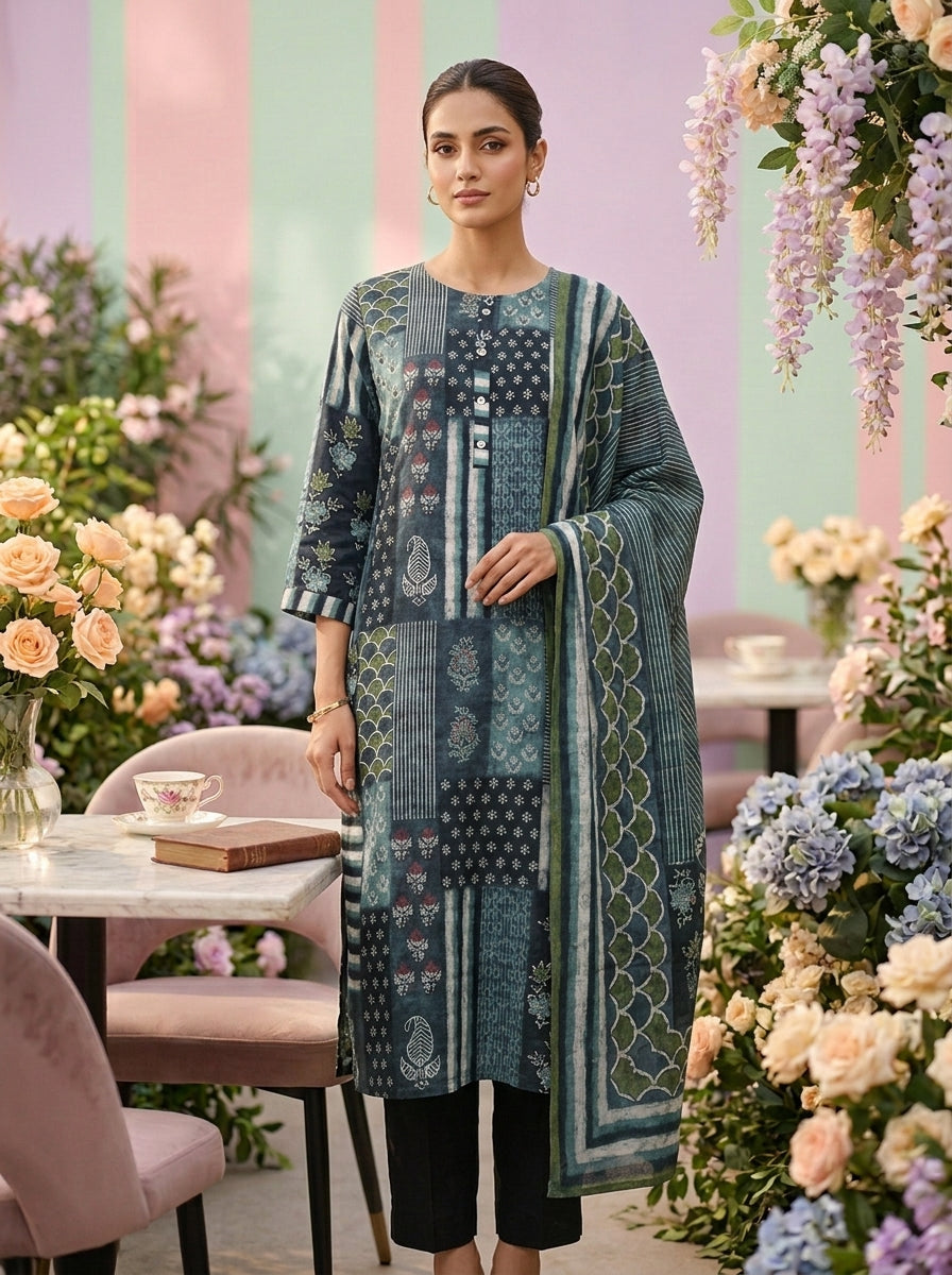 Neerus Blue linen printed suit set - front view