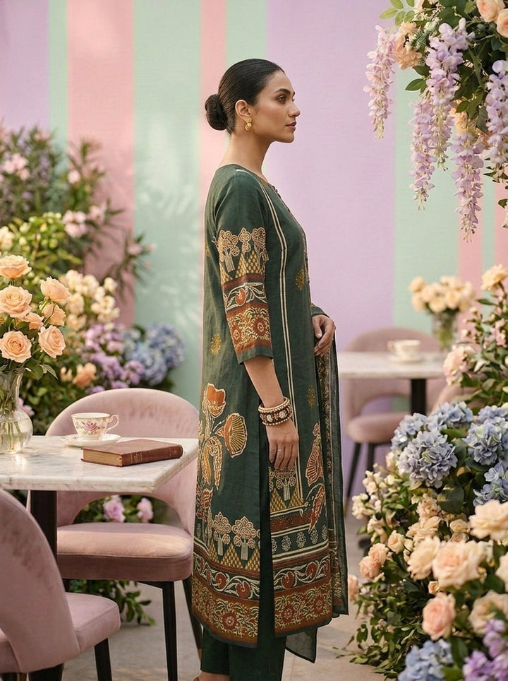 Neerus Green cotton printed suit set - detail view 1