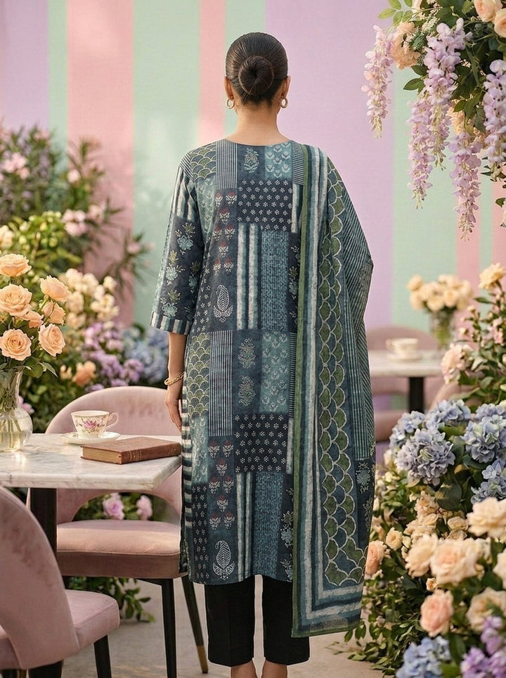 Neerus Blue linen printed suit set - back view