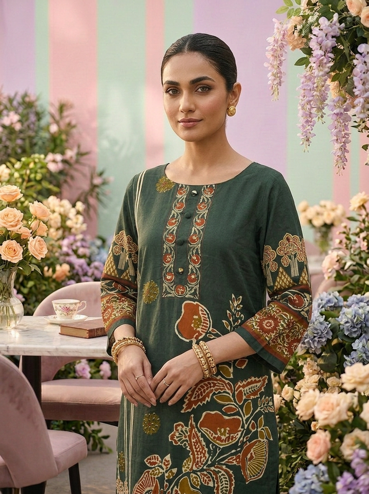 Neerus Green cotton printed suit set - detail view 2