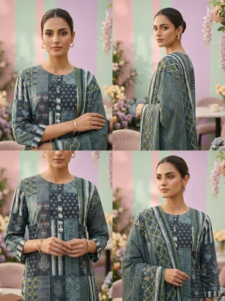 Neerus Blue linen printed suit set - side view
