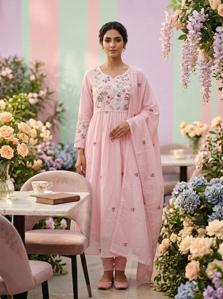 Neerus Pink cotton hand embroidered suit set - front view