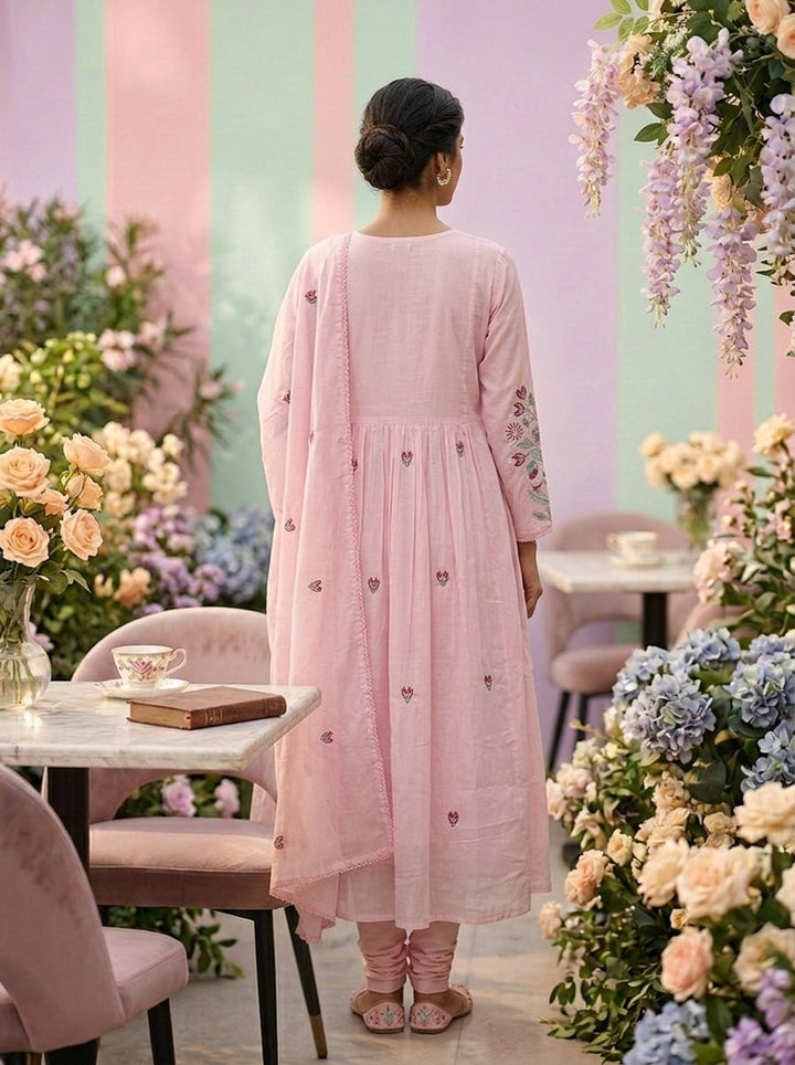 Neerus Pink cotton hand embroidered suit set - back view