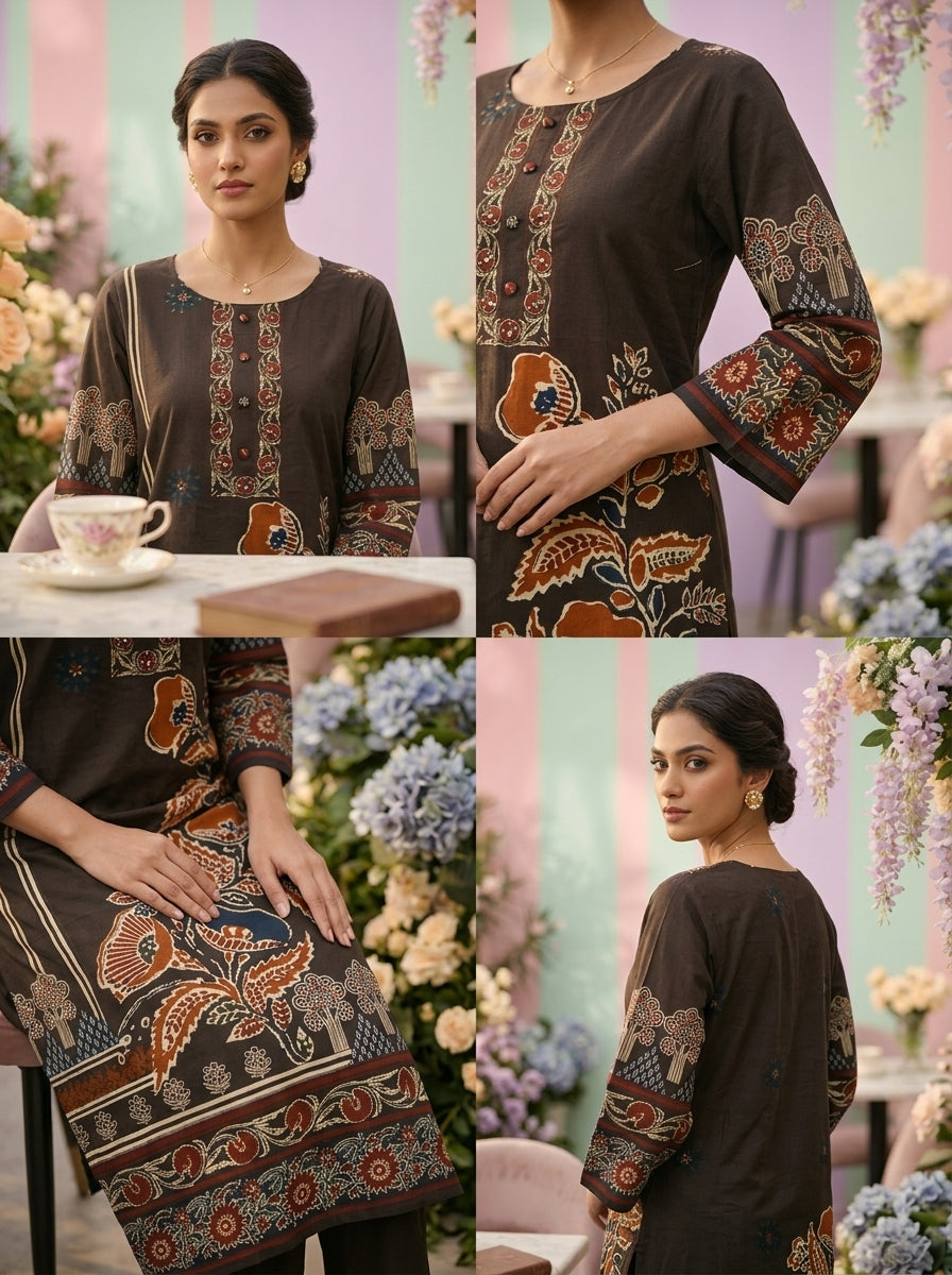Neerus Brown cotton digital printed suit set - side view