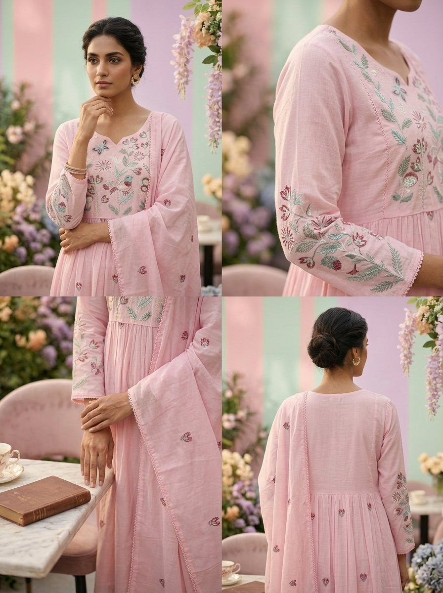 Neerus Pink cotton hand embroidered suit set - side view