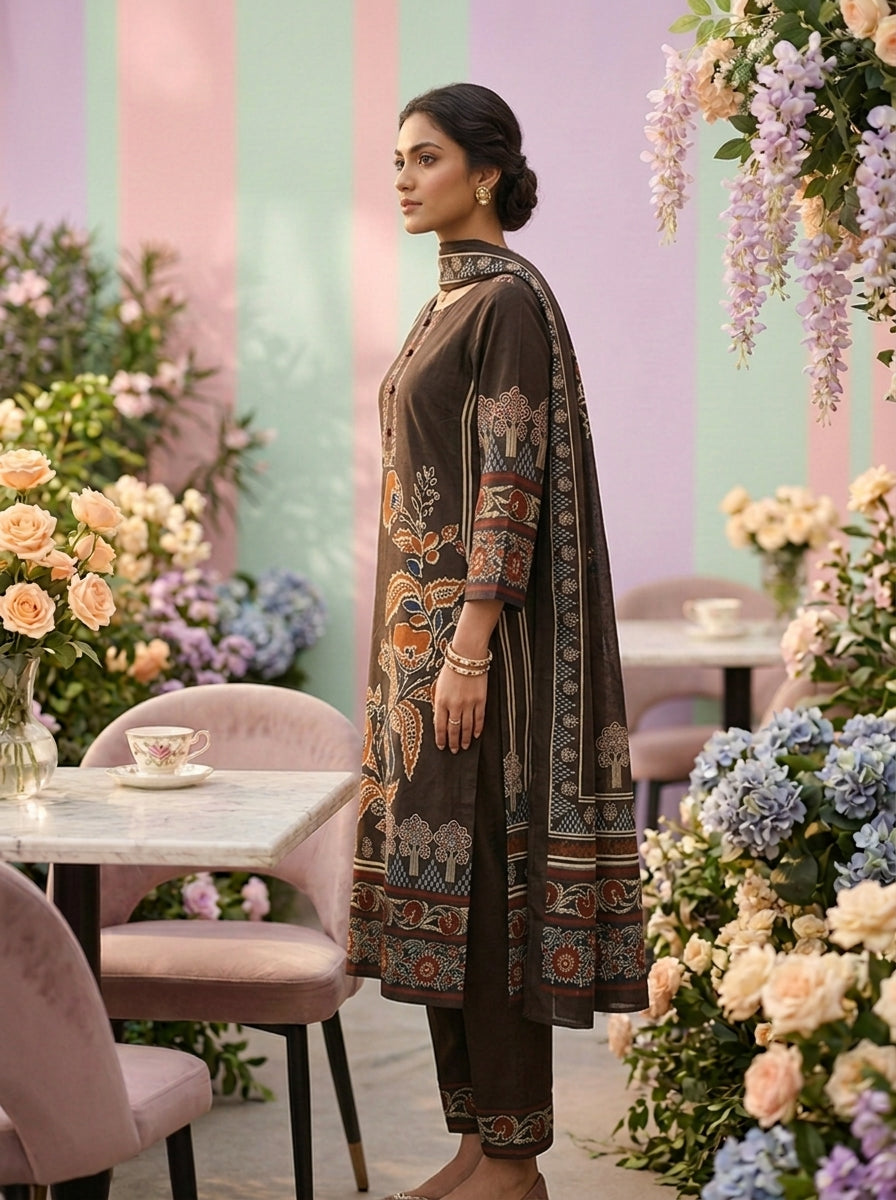 Neerus Brown cotton digital printed suit set - detail view 1