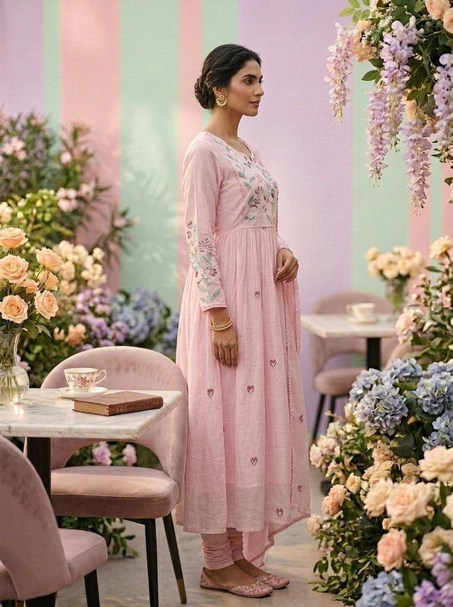 Neerus Pink cotton hand embroidered suit set - detail view 1