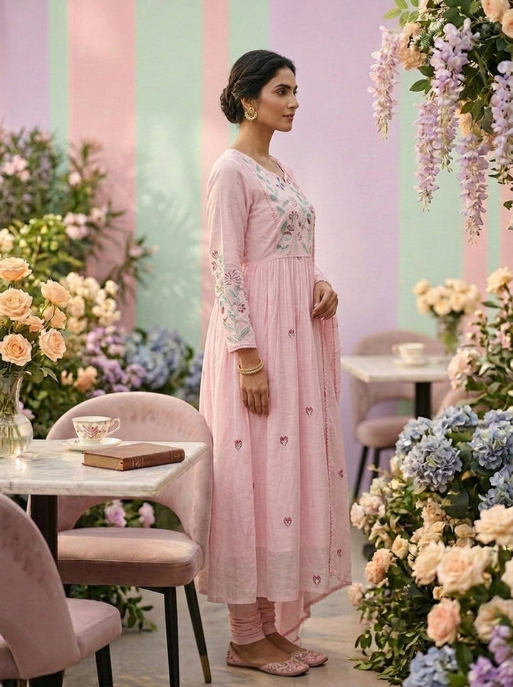 Neerus Pink cotton hand embroidered suit set - detail view 1