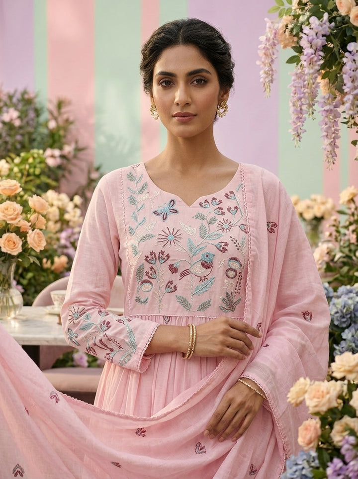 Neerus Pink cotton hand embroidered suit set - detail view 2