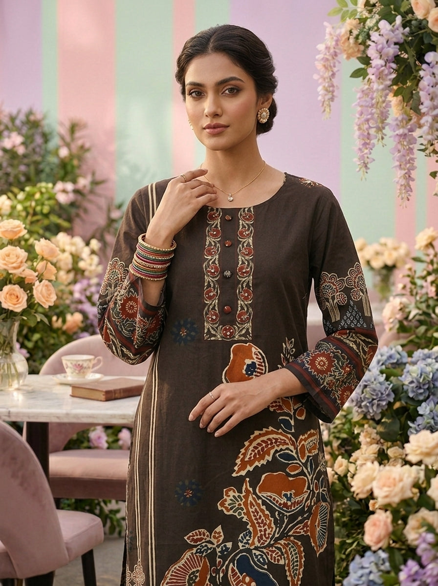 Neerus Brown cotton digital printed suit set - detail view 2
