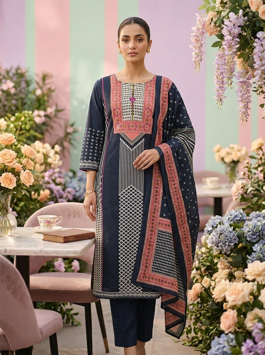 Neerus Blue cotton printed suit set - front view