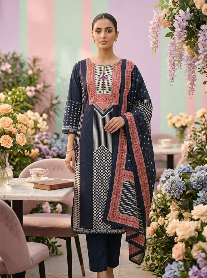 Neerus Blue cotton printed suit set - front view